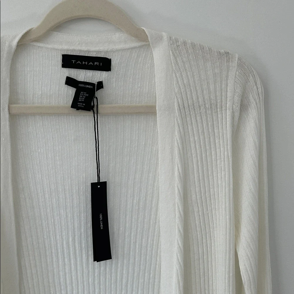 Tahari Sweater Women’s M White Linen Open Front Duster Romantic Feminine - Picture 3 of 16